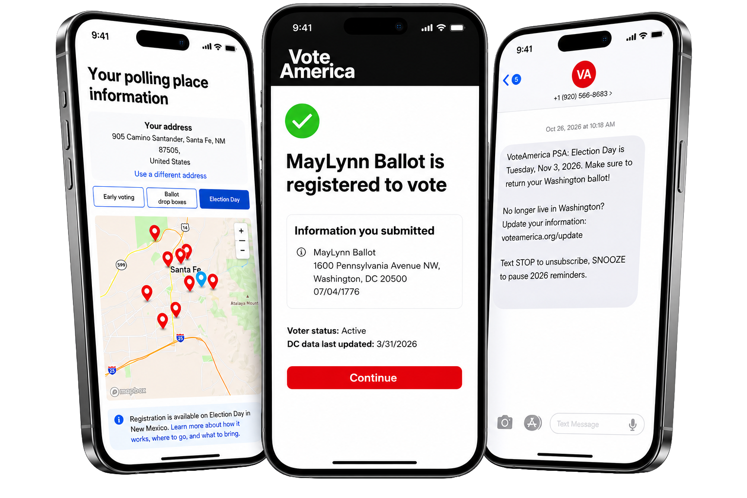 VoteAmerica voter tools running on phones: register to vote, check registration status, and election reminders