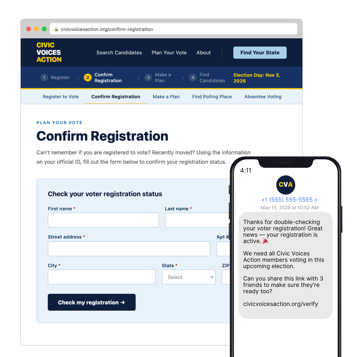 The VoteAmerica registration tool embedded on a partner site, with a phone showing the same tool delivered by SMS